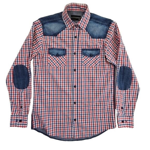 Prejuicio Demin Long Sleeve Shirt Men's S Small Red White Blue Button Pockets LN - Picture 1 of 13